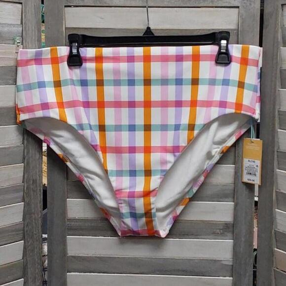 Plaid Medium Coverage High Waist Bikini Bottom | Kona Sol - Picture 1 of 7